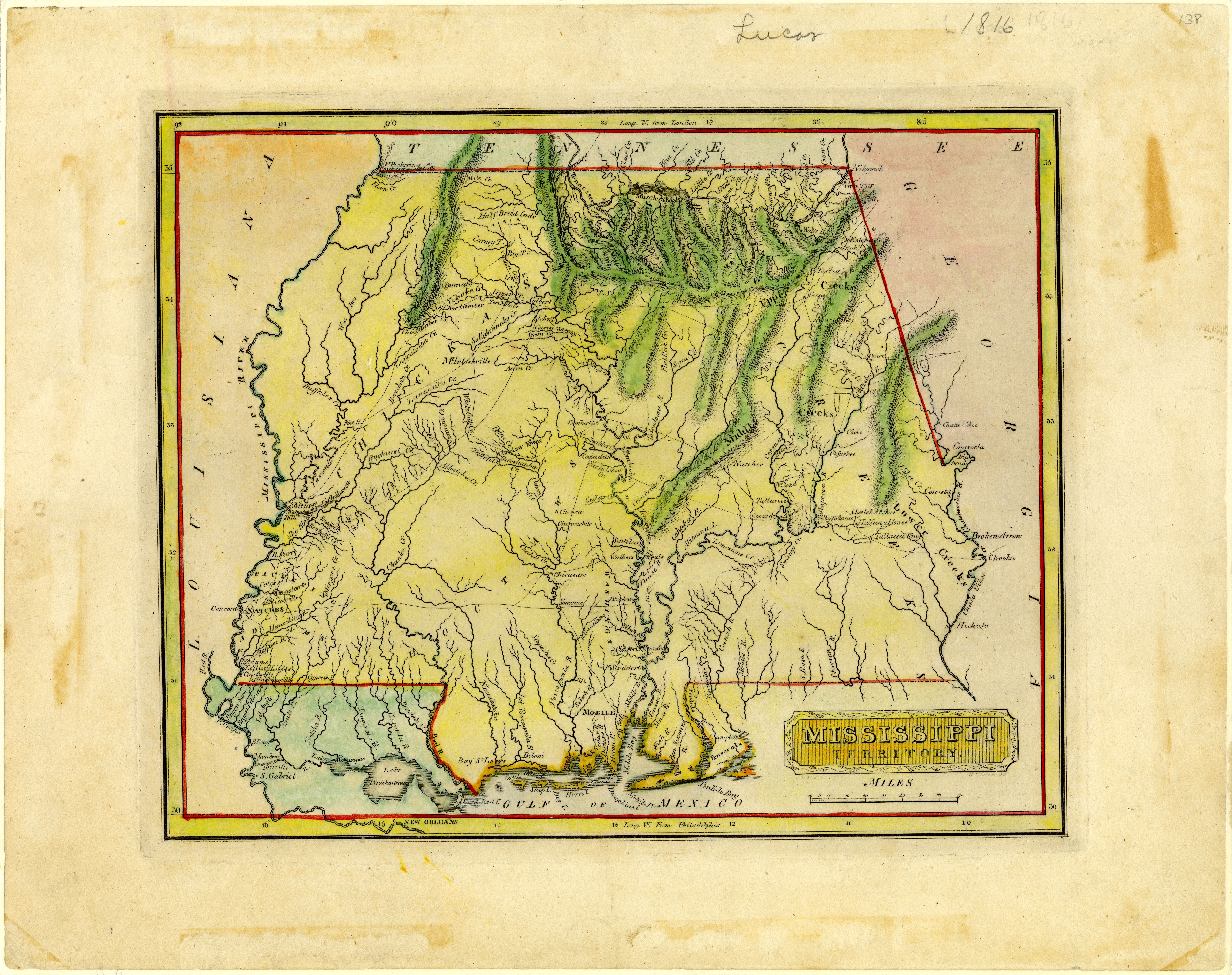 Map of the Mississippi Territory in 1816 created by Fielding Lucas. Courtesy Mississippi Department Archives and History.