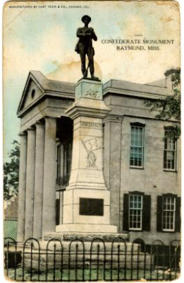 Confederate monument unveiled April 28, 1908, in Raymond, MS. Frank Teich completed the base stonework and Frederick Hibbard created the bronze plaque. The Nathan Bedford Forrest Chapter of the United Daughters of the Confederacy sponsored the monument.