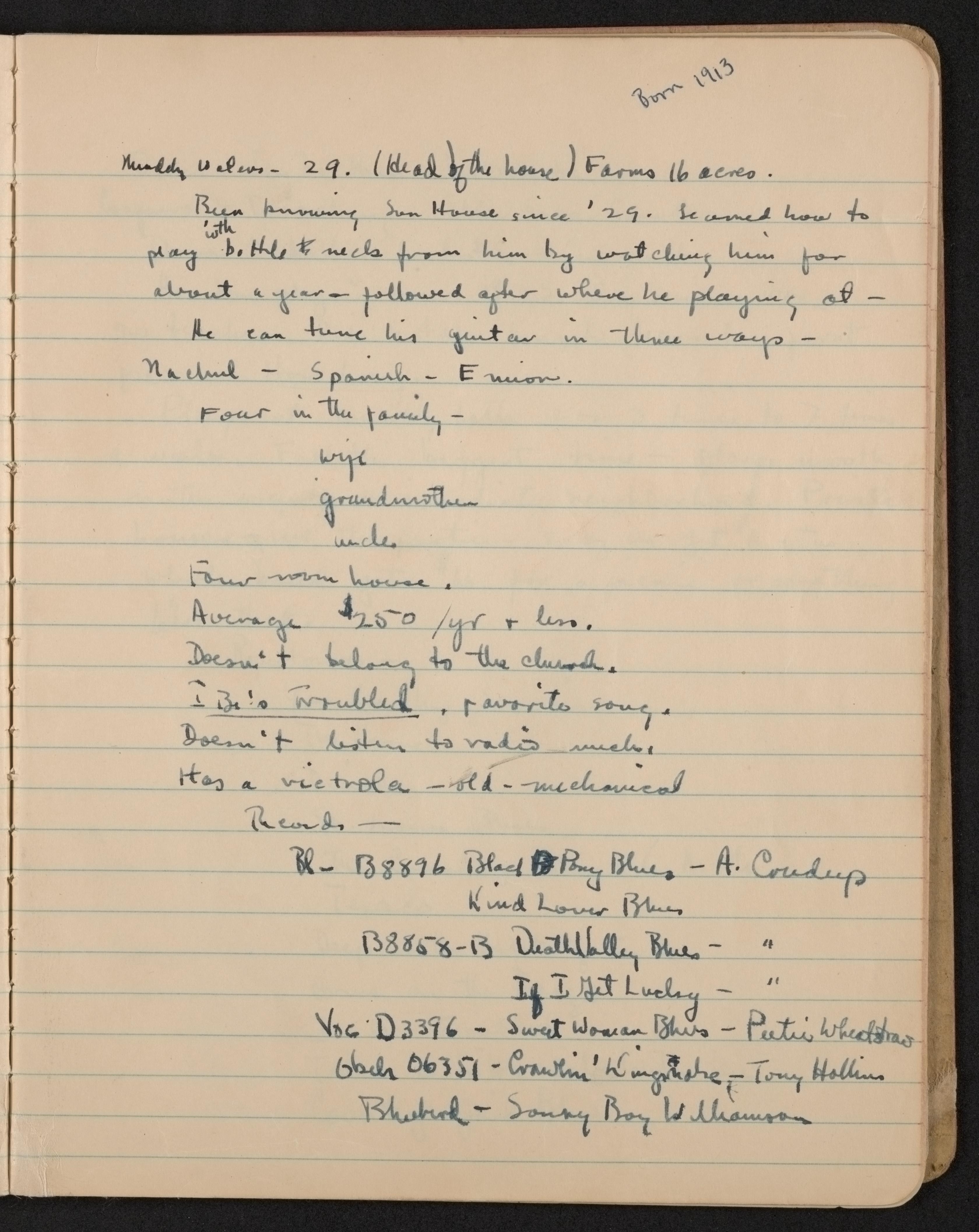 Alan Lomax's notes on Muddy Waters's interview. Credit: Alan Lomax collection (AFC 2004/004), American Folklife Center, Library of Congress