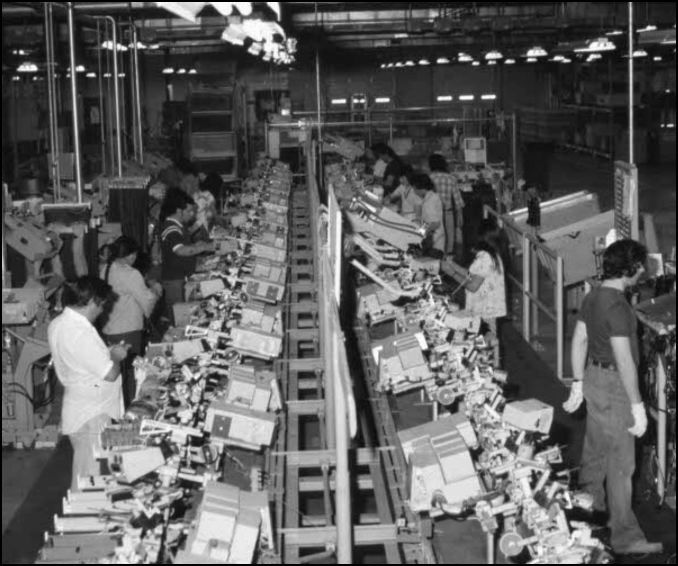 Assembly line in Choctaw wire harness factory, 1985.