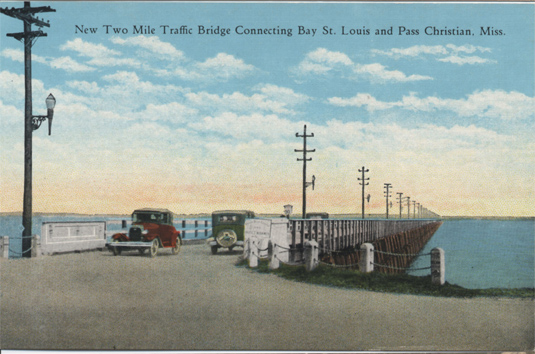 Cars cross the Bay St. Louis bridge, 1928.