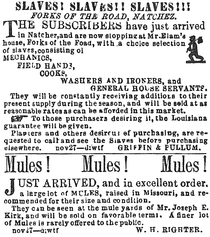 Advertisement for slave sales at the Forks of the Road