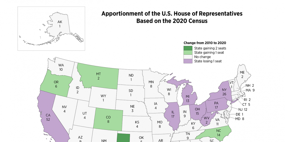 A map showing the apportionment of the U.S. House of Representatives based on the 2020 Census